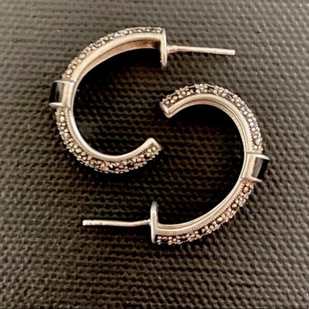 VTG Onyx Marcasite Sterling Demi Hoops Earrings